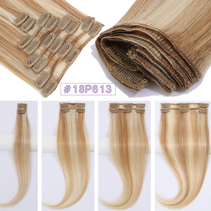 Real Remy Hair Clip In 100% Human Hair Extensions 8Pieces with 18Clips Full Head