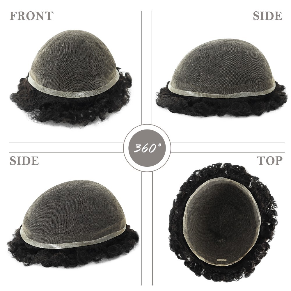 Mens Hair Replacement System Afro Curl French Lace Toupee Black Hair Pieces AFFL