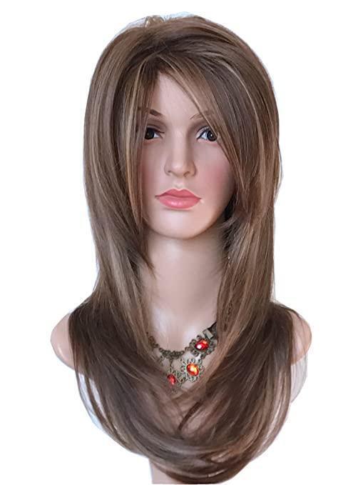 Women Dark Brown w/Gold Highlight Ombre Shoulder Length Wig Synthetic Curly Hair