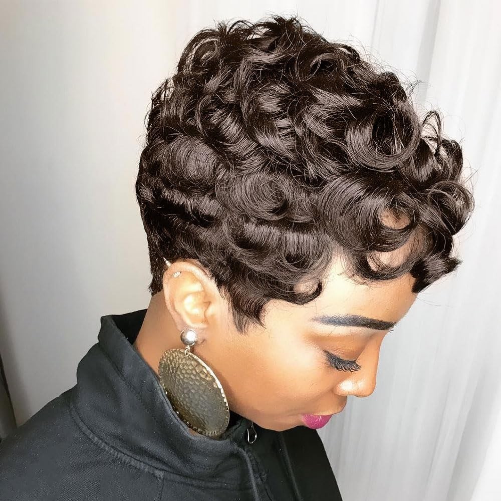 Luxurious Brown Pixie Wig for Black Women – Soft Curly Fiber, Adjustable Fit