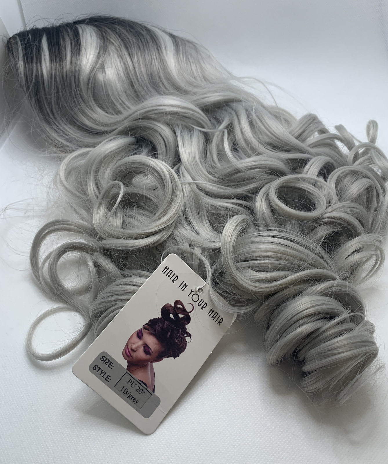 Queentas-Silver Gray Ombre Long Wavy CurlyWig WomenSynthetic Hair PU 20” 1B Gray