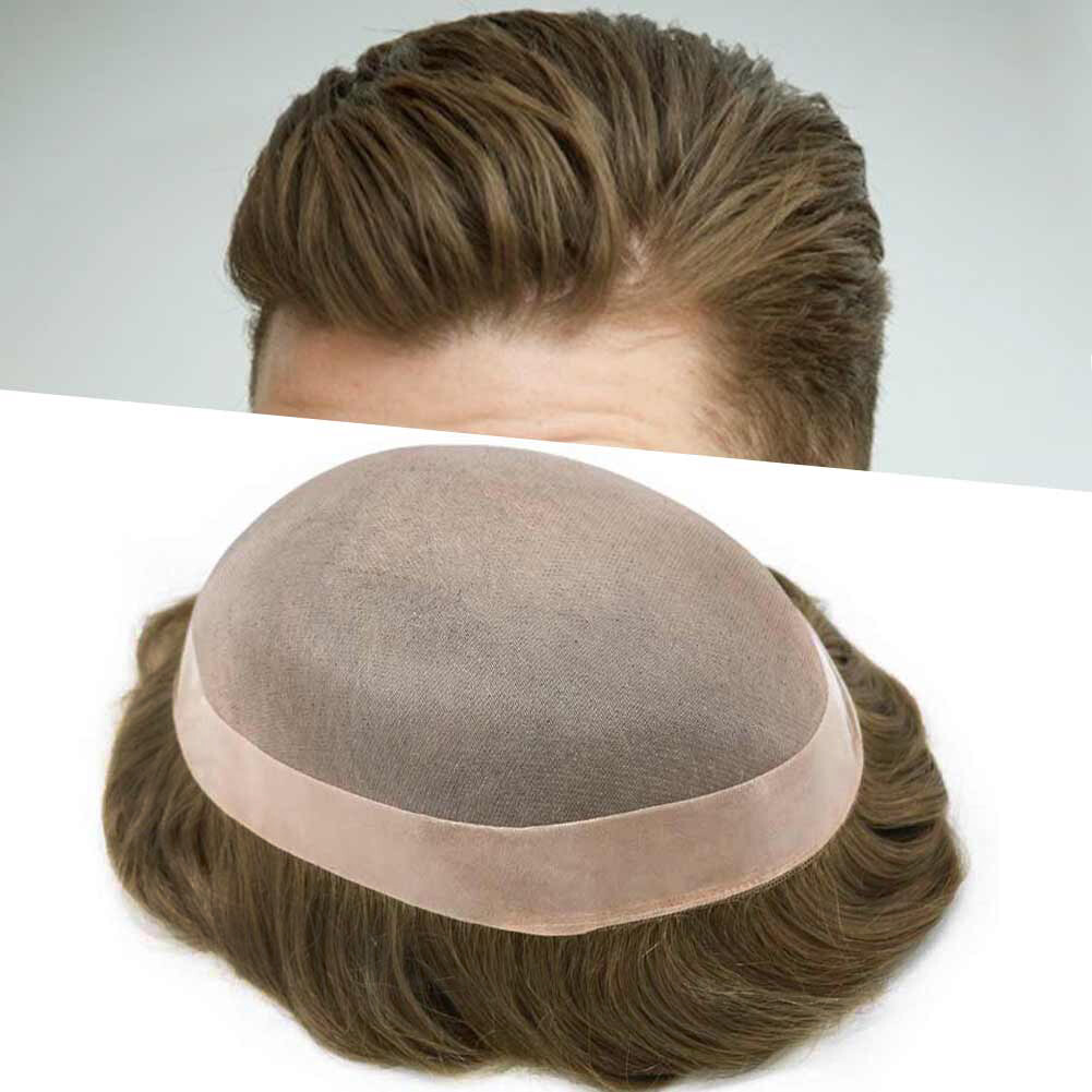 Mens Toupee Hairpiece Fine Mono Hair System Replacement Poly Skin Around Men Wig
