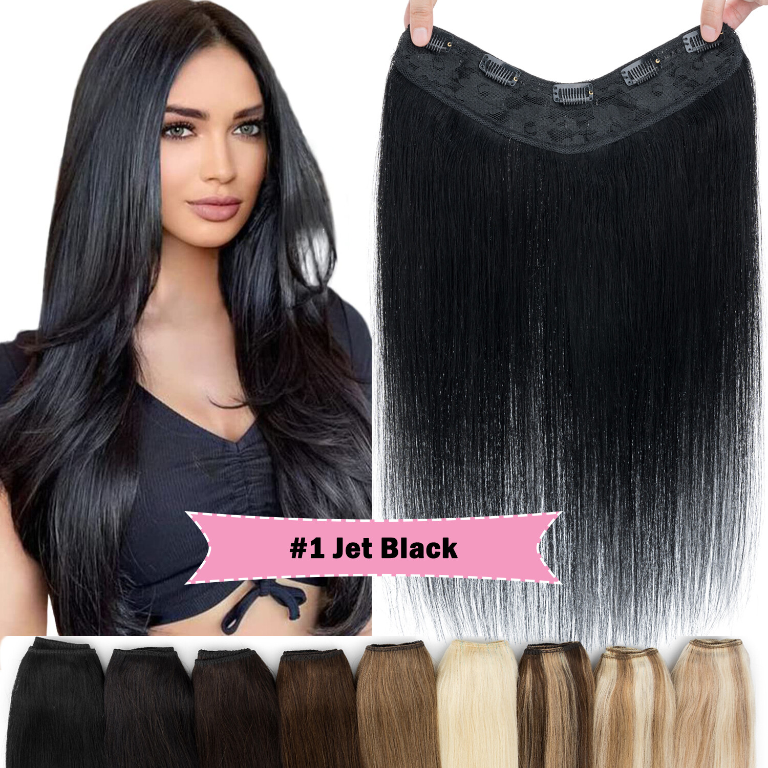 V Shape One Piece Remy Piece Human Hair Extensions Full Head U Part Weft THICK