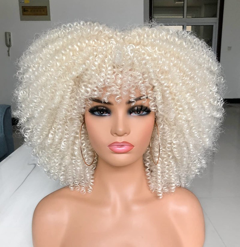 Jerry Curly Afro Wigs for Black Women Afro Kinky Curly Wig with Bang Gray Blonde