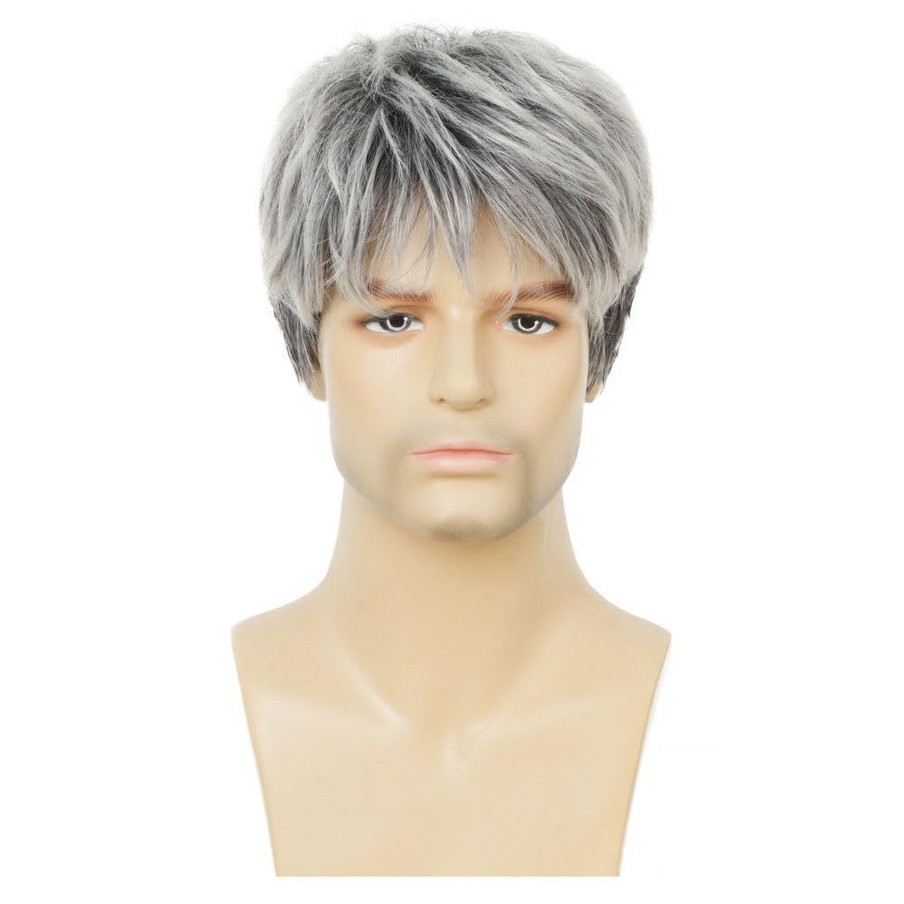 Men’s Layered Gray Short Wig European American Style Synthetic Full Wig Daily