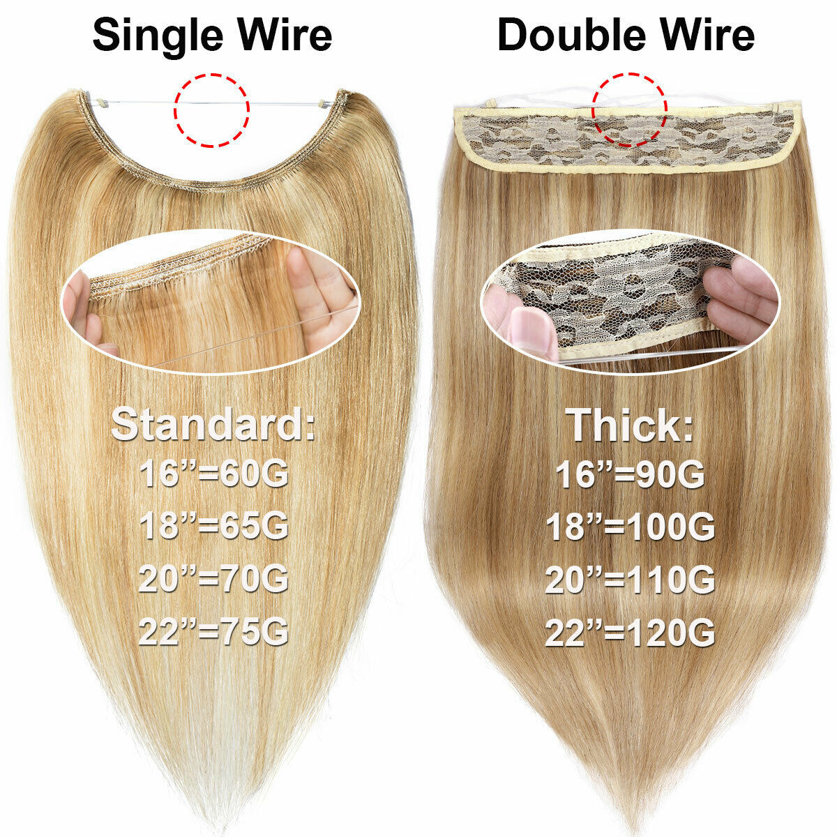 Russian AAAA+ Thick Wire In Remy Human Hair Extensions Hidden Headband One Piece