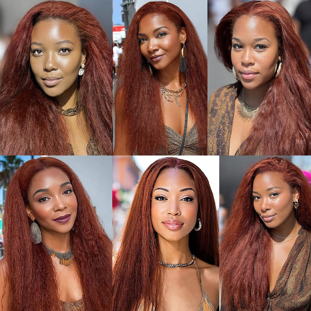 Color 33 Auburn Yaki Straight Bundles Human Hair Reddish Brown Kinky Straight