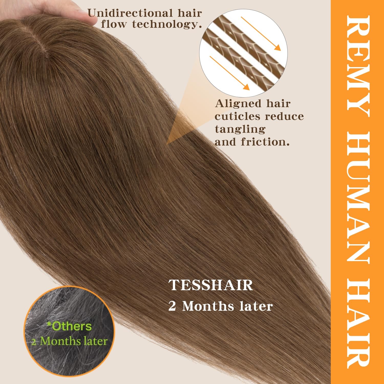 Medium brown 10-inch human hair topper, 100% Remy, 150% density, sleek, no bangs
