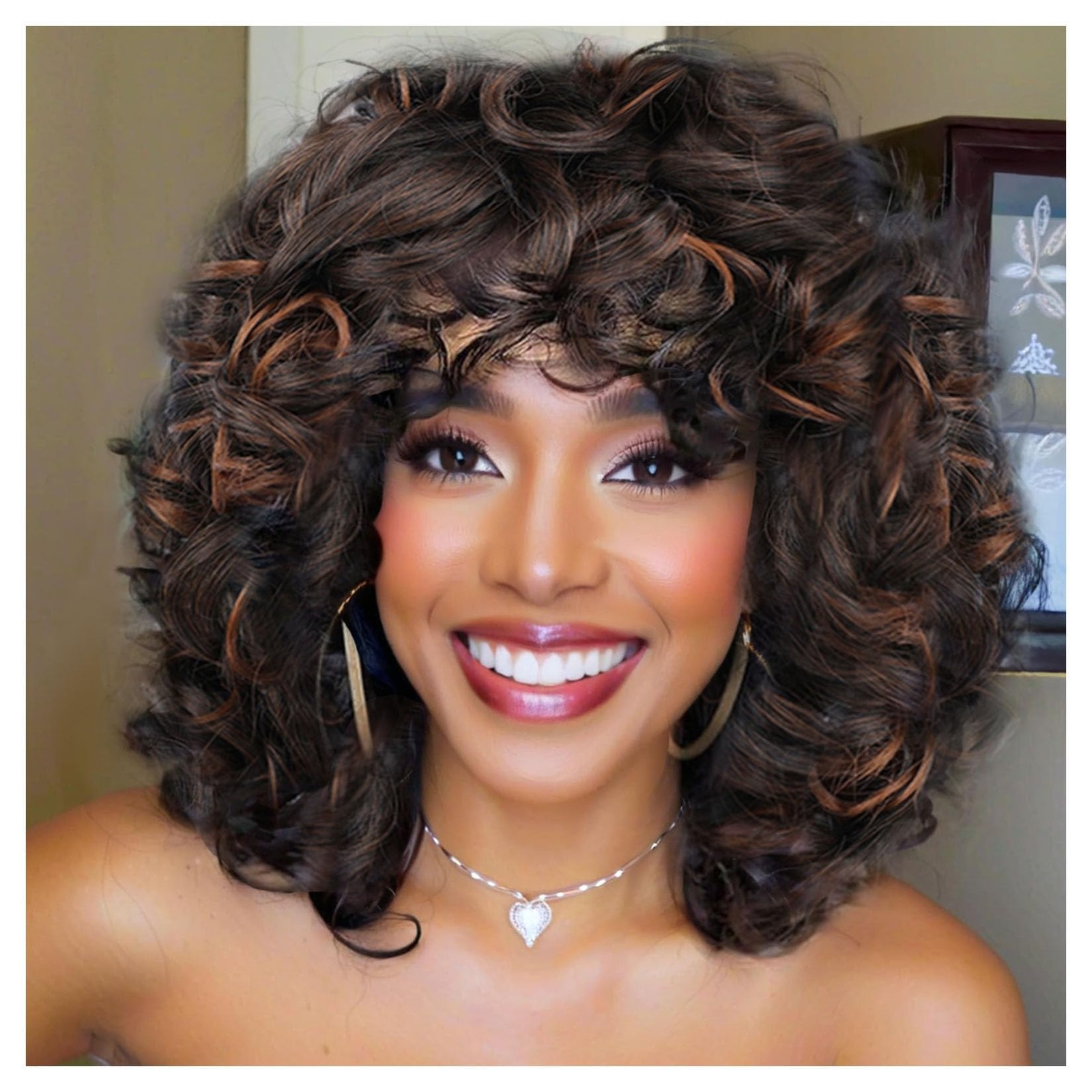 Short Curly Wigs with Bangs for African American Women, Loose Curly Wavy Hair…