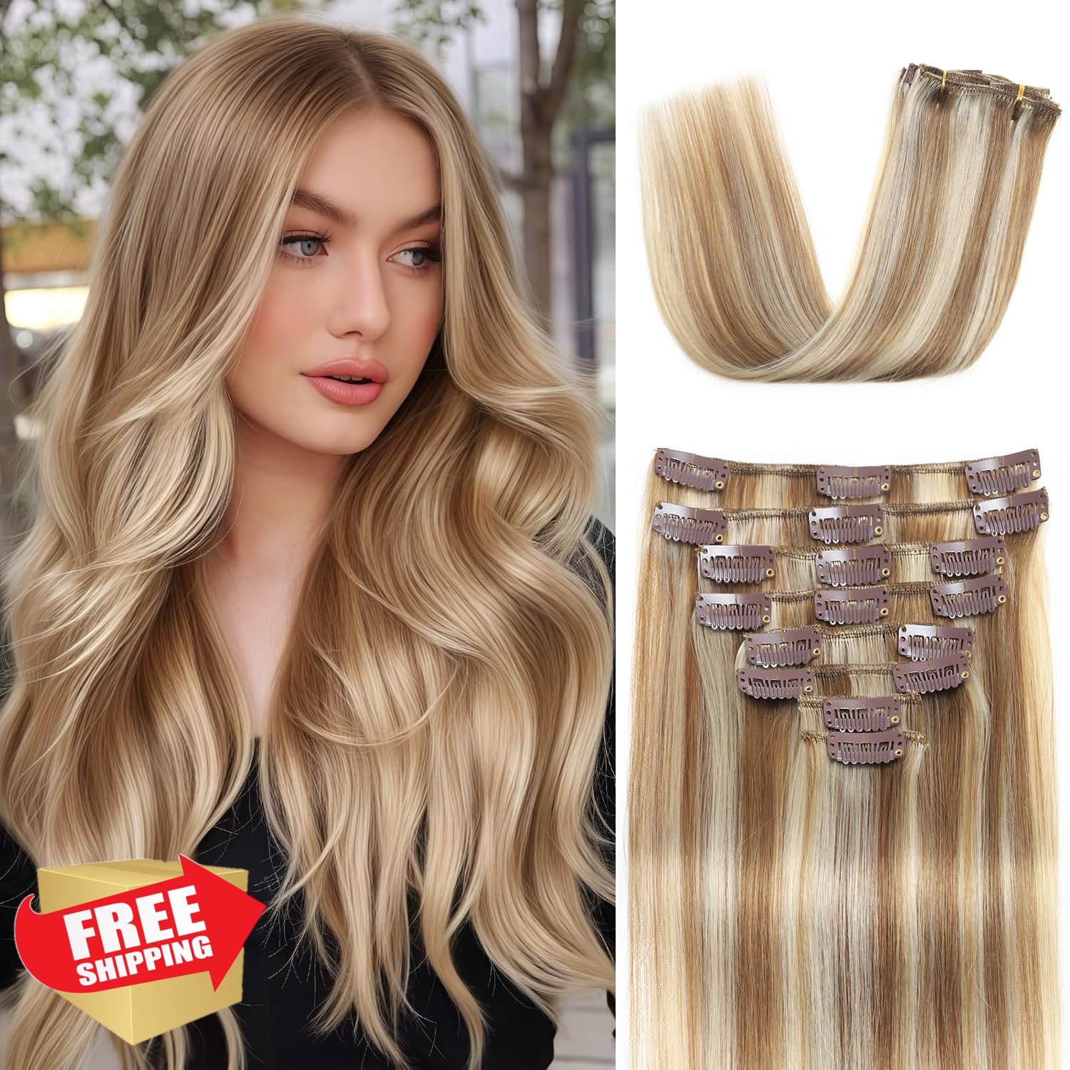 Human Hair Clip In Extensions 16″ 90g Straight Light Blonde