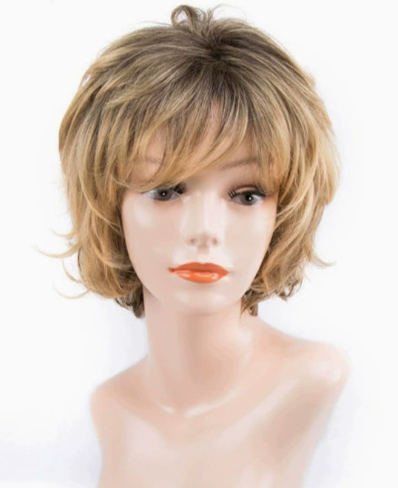 Short Fluffy Wavy Bob Hairstyle Rooted Blonde Mix Synthetic Hair Wigs Women Soft