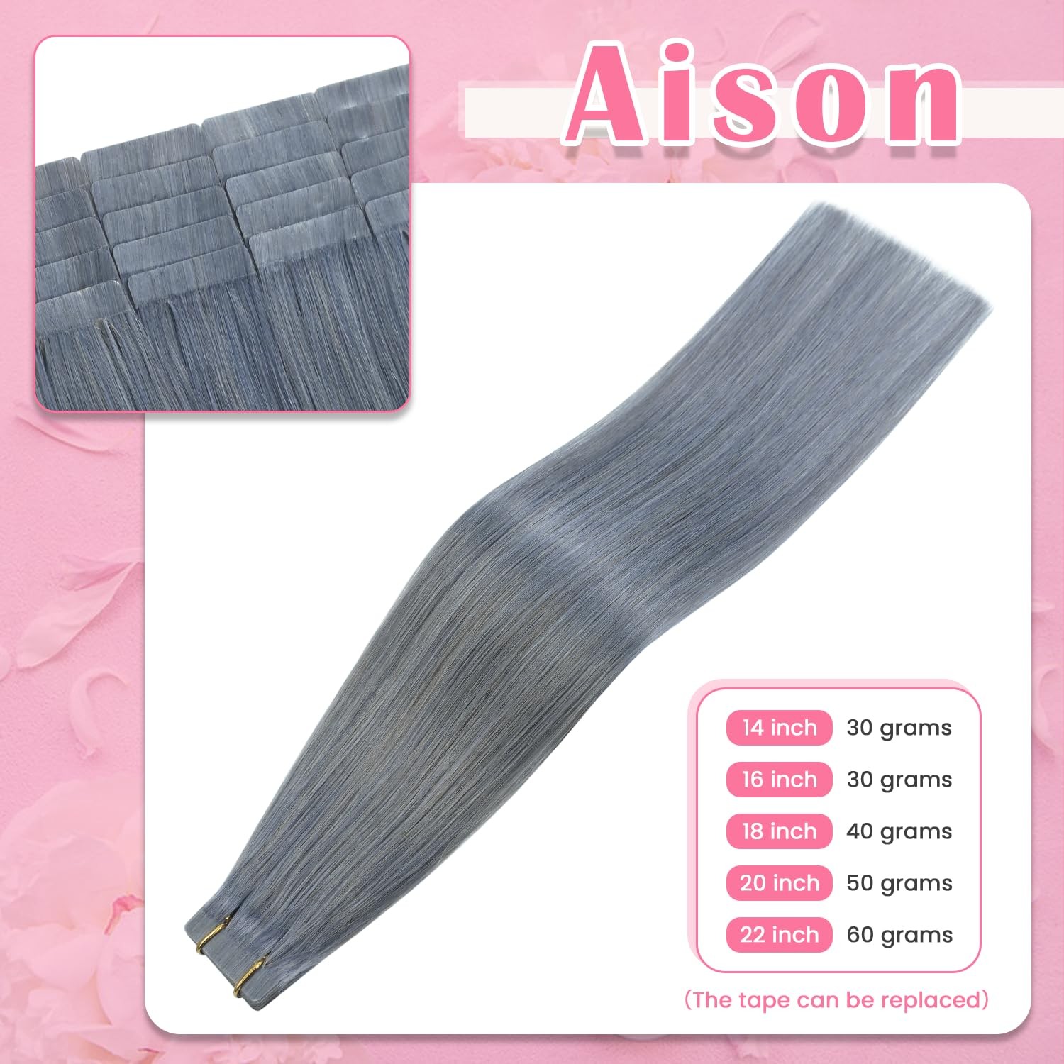 Aison 14Inch Silver Gray Tape In Hair Extensions 100 Real Human Hair Extensions