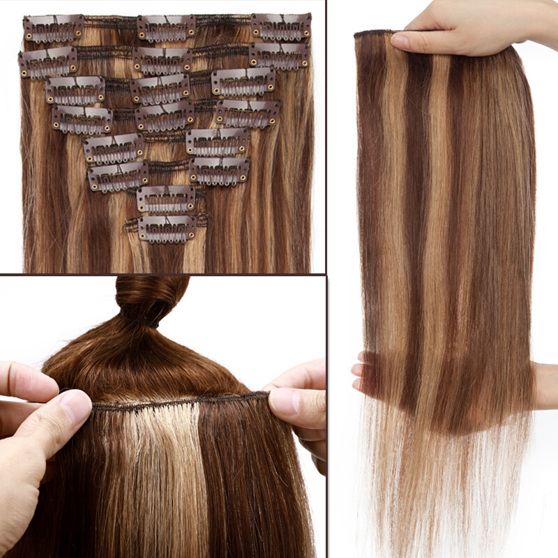 Clip In Human Hair Extensions Full Head Real Remy Hair Balayage Highlight Weft