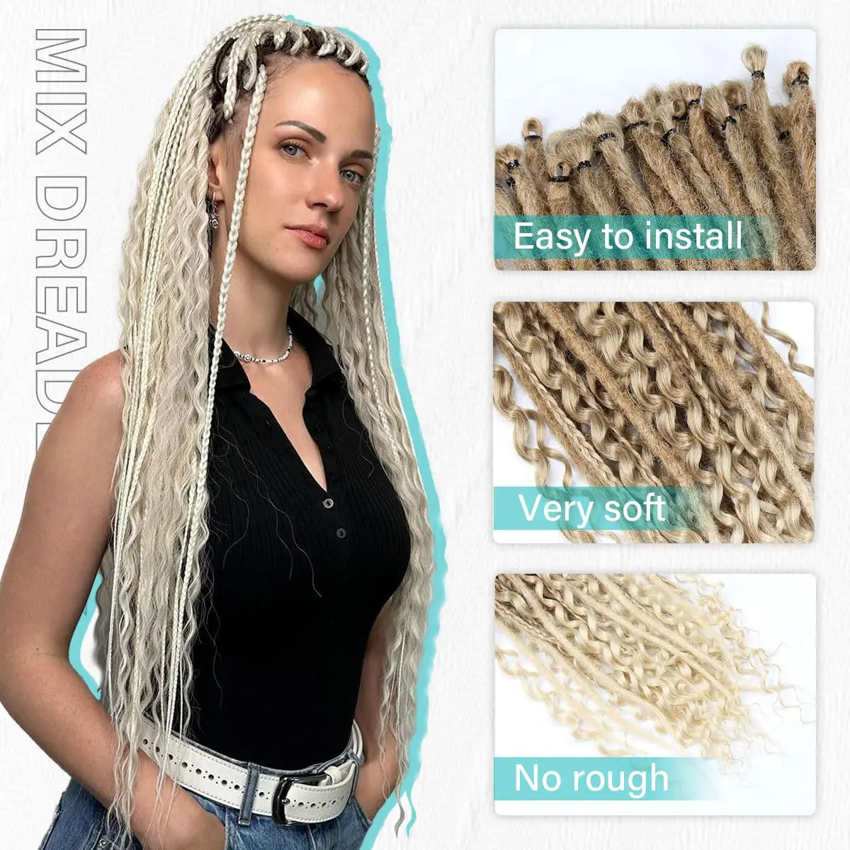 3 In 1 Mixed Hippie Single Ended Dreadlocks Synthetic Hair Extensions for Women
