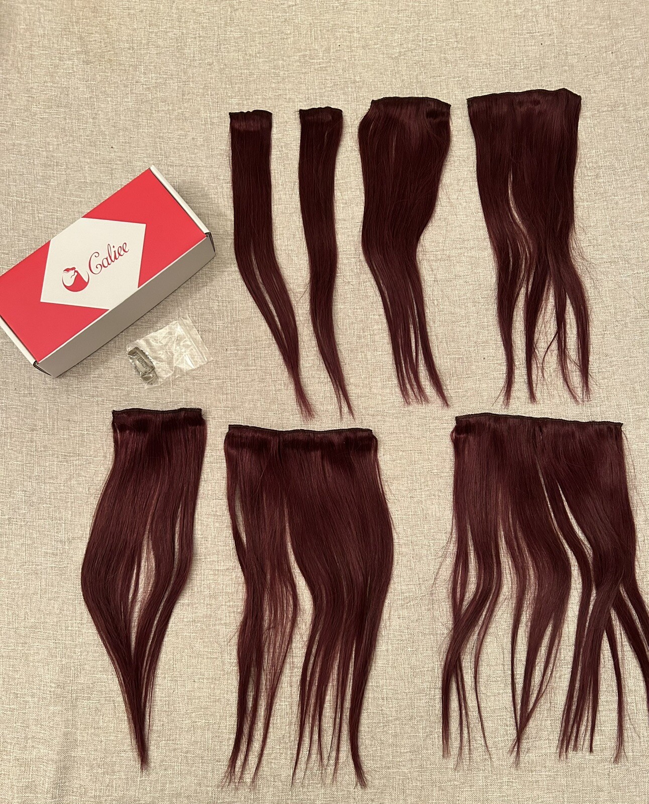 Caliee Clip in human hair extensions, 7 Pieces, Dark Burgundy Red 14”