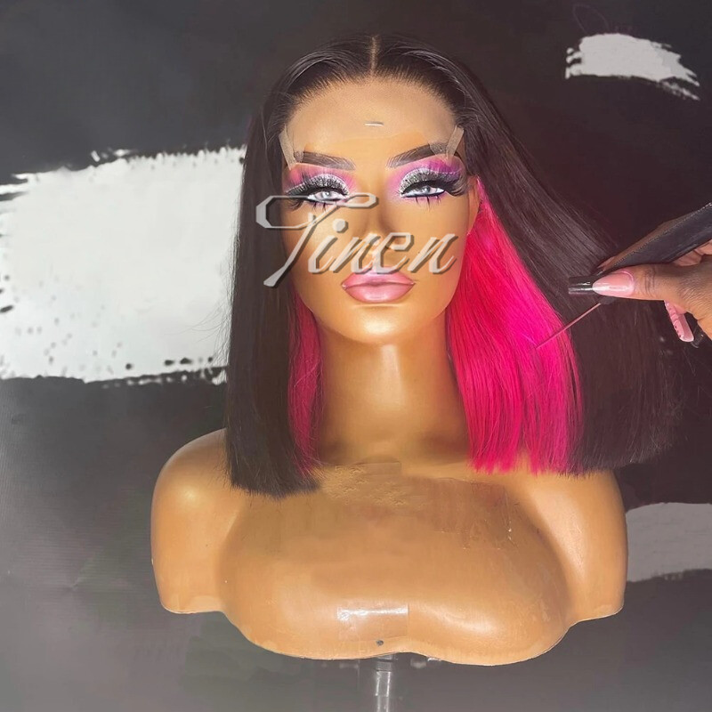 Hot Pink Underneath Dyed Hair Synthetic Lace front Black BOB Hair Straight Wigs