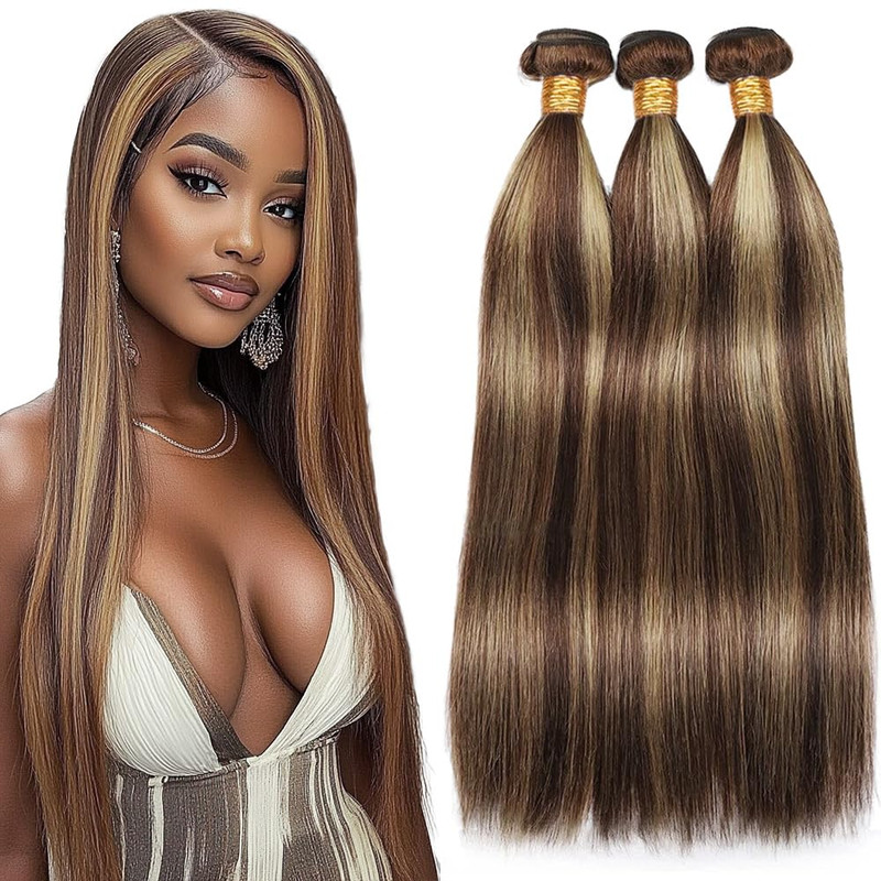 Dokksiiia Ombre Straight Bundles Human Hair P4/27 Dark Brown And Honey Blonde