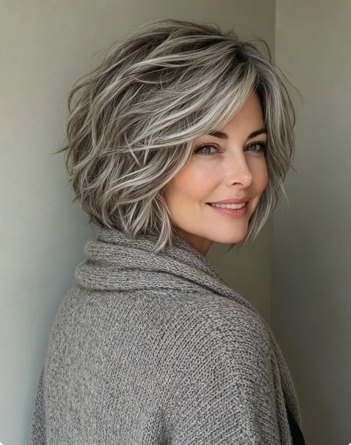 Silver Gray Highlight Bob Wigs Dark Roots 100% Human Hair Lace Front Wigs