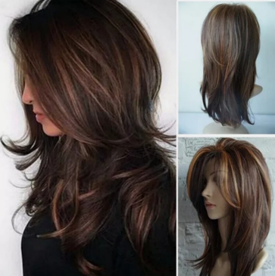 Women Dark Brown w/Gold Highlight Ombre Shoulder Length Curly Hair Wig-&##
