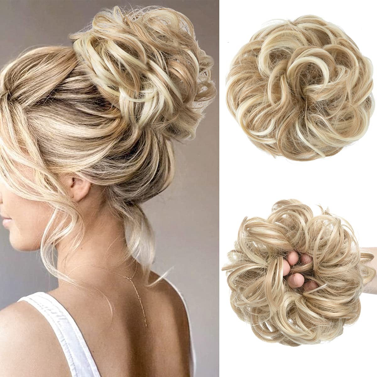 CJL HAIR Large Messy Bun Hair Piece Wavy 1 Count (Pack of 1), Dirty Blonde