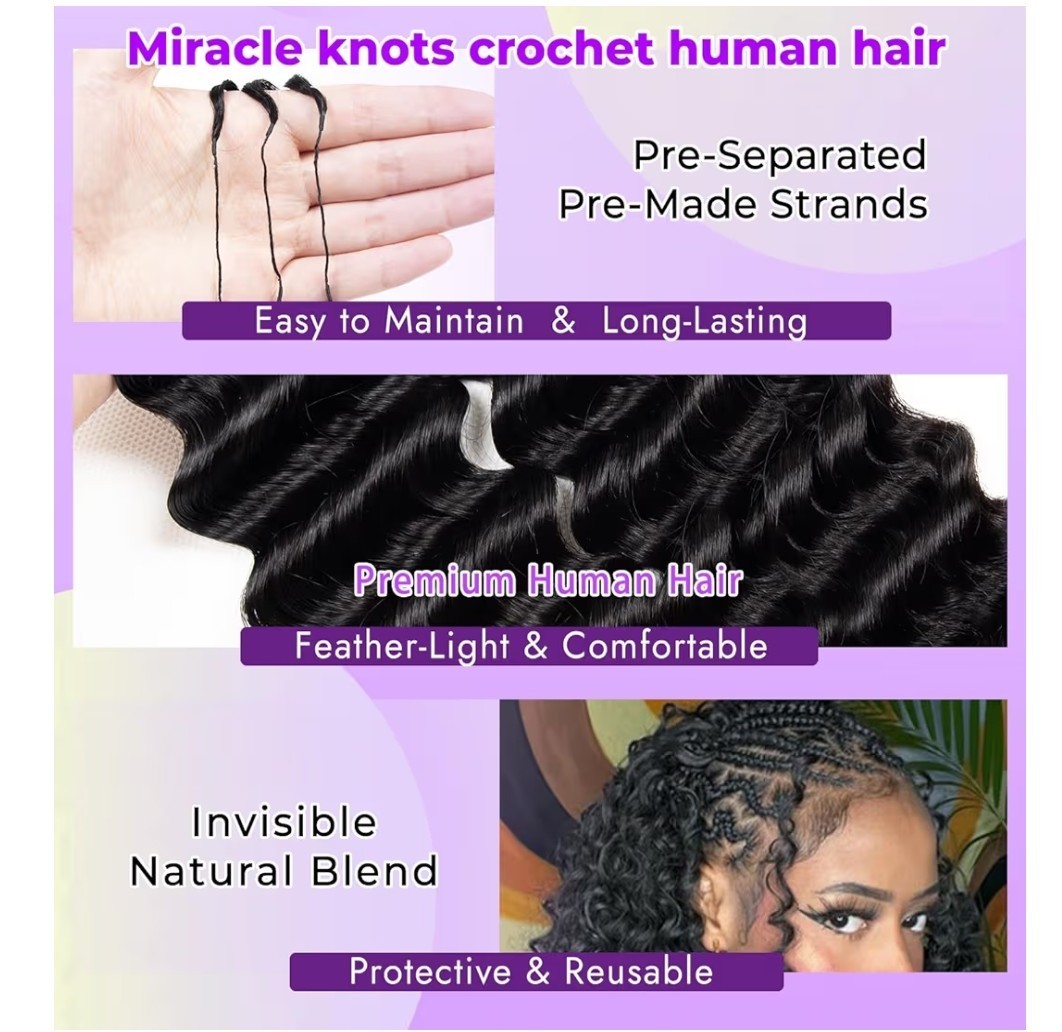 Feather Crochet Deep Wave Human Hair Miracle Knots Pre Separated 50g 22″ 1B