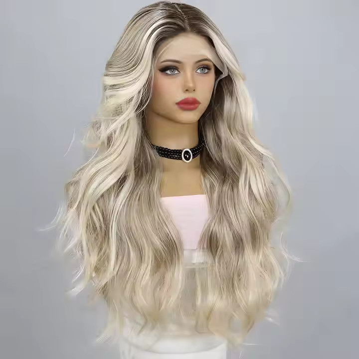 European And American Fashion T-shaped Lace Gold Gradient Wavy Curly Hair Wigs S