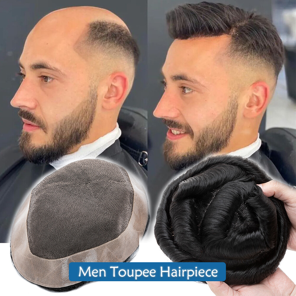 Men Toupee Human Hair Replacement Full Poly Thin Skin PU System Wig Hairpiece US