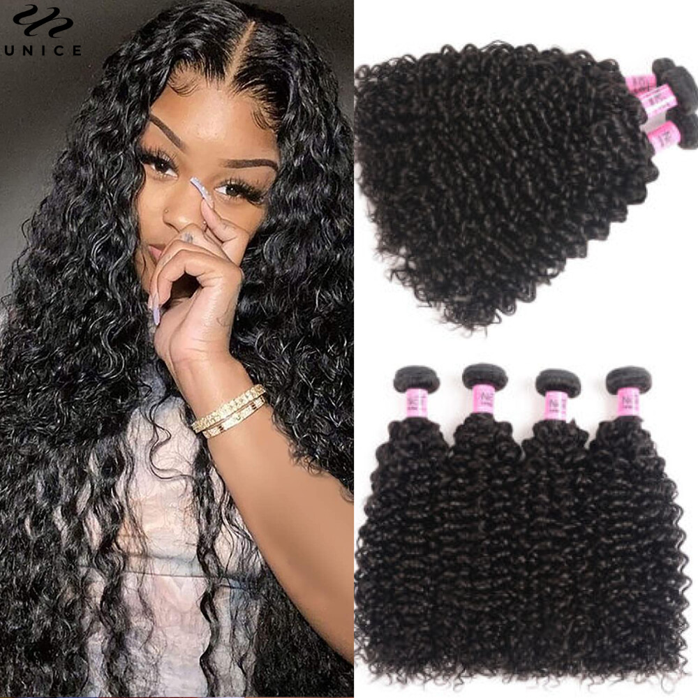 UNice Mongolian Curly Hair Weave 3 Bundles Human Hair Extensions Double Wefts US