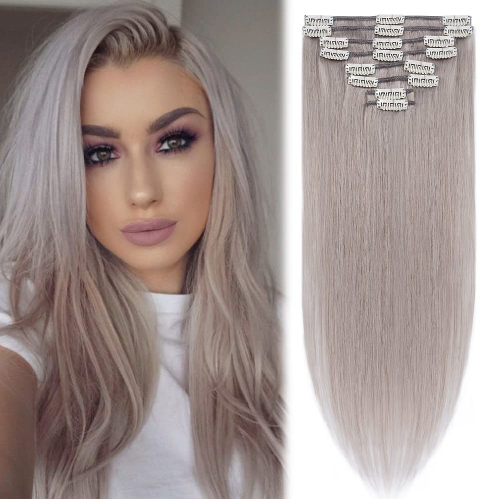 16″ Clip-in Real Human Hair Extensions – 65g Remy Gray Balayage 8pcs Weft Silky
