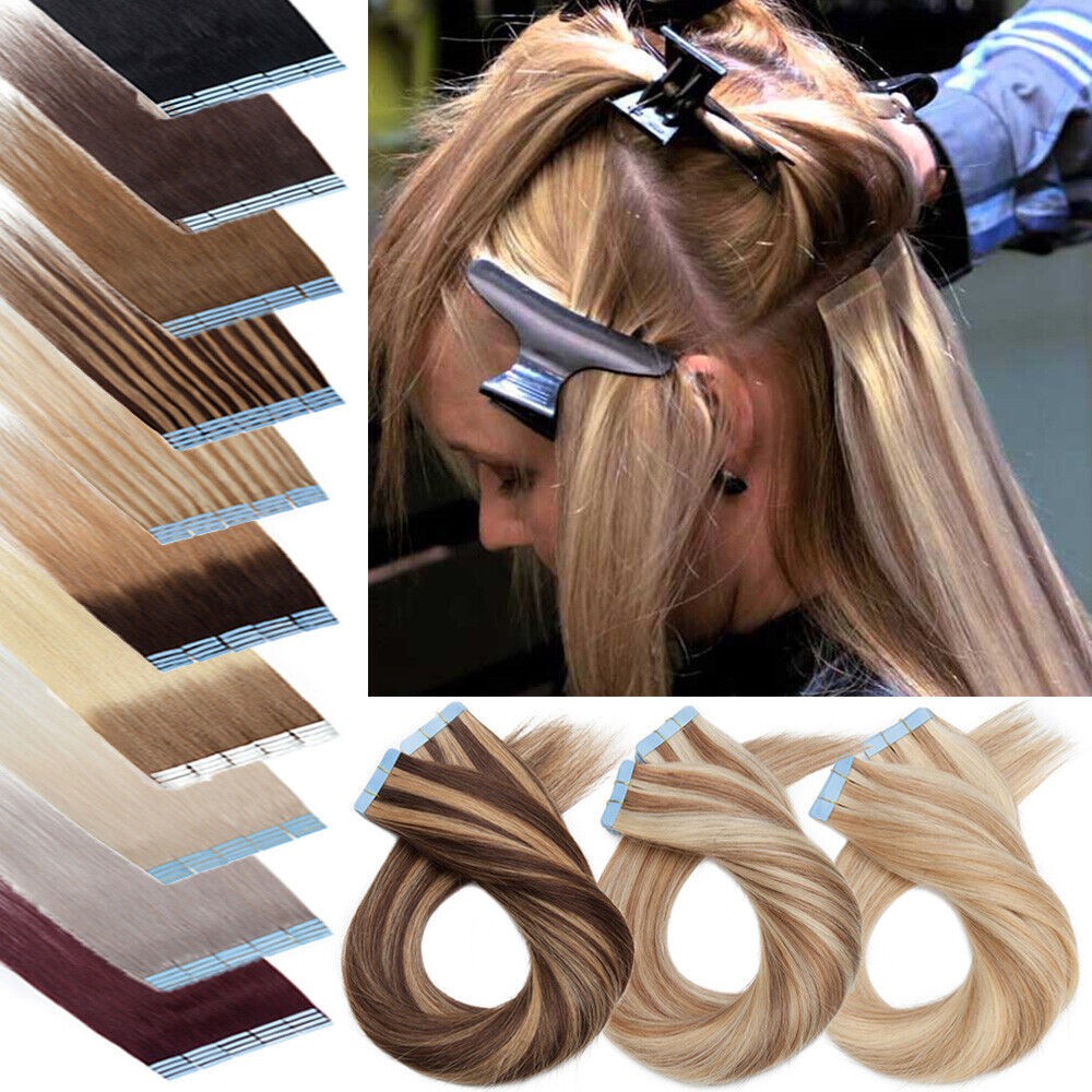 Tape in Human Hair Extensions Invisible Adhesive Glue Skin Weft Remy Hair16-26in