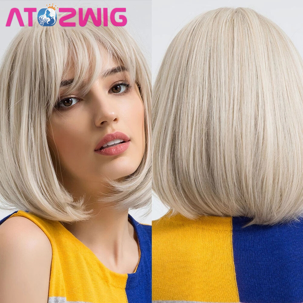 Women’s Short Platinum Blonde Wigs with Bang Bob Straight Hair Synthetic Hair US