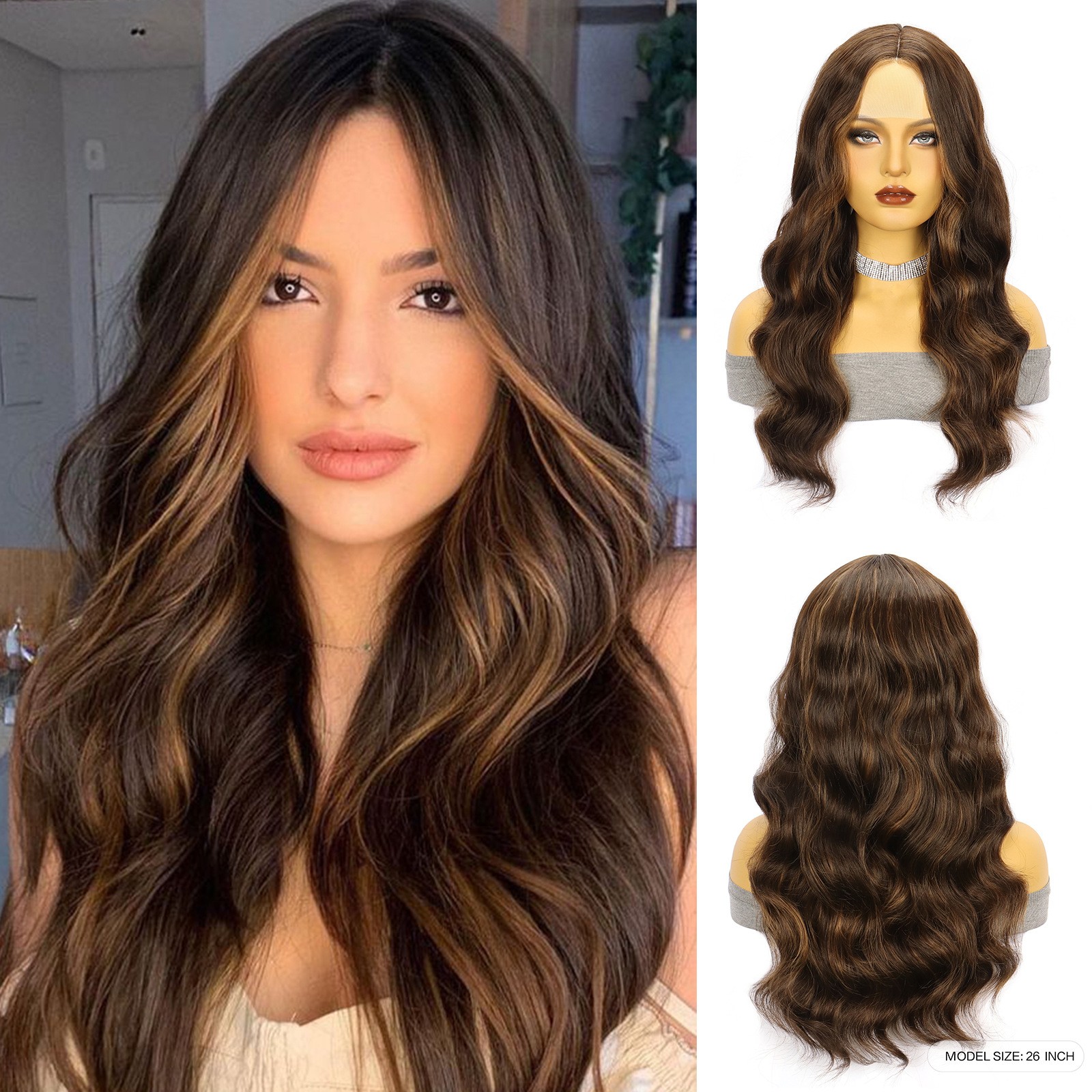 Brown Long Straight Body Wave Lace Front Wig Synthetic Full Head Wig For Women