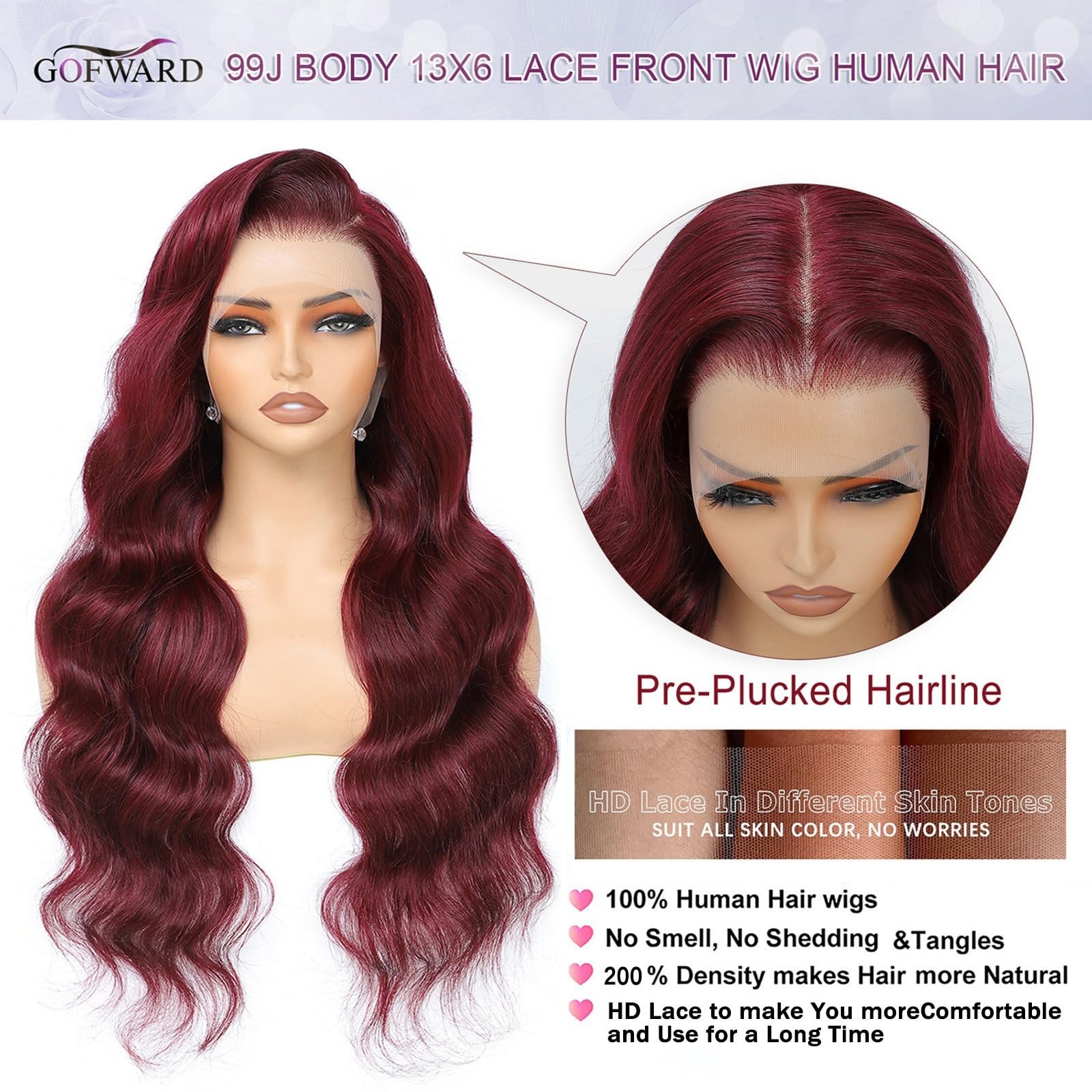 30″ 99J Burgundy Body Wave Lace Front Wig, 200 Density, Pre-Plucked Human Hair