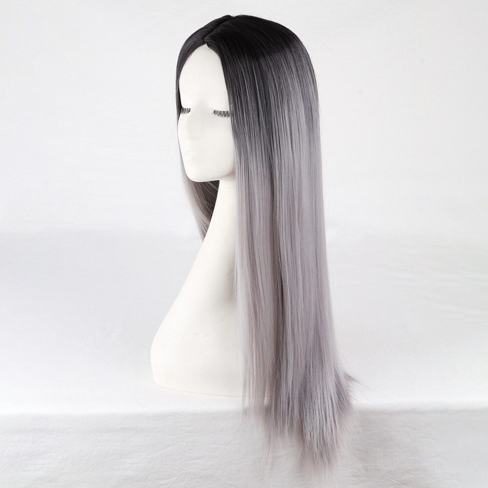 Straight Hair Black Grey Ombre Full Wigs Heat Resistant Fashion