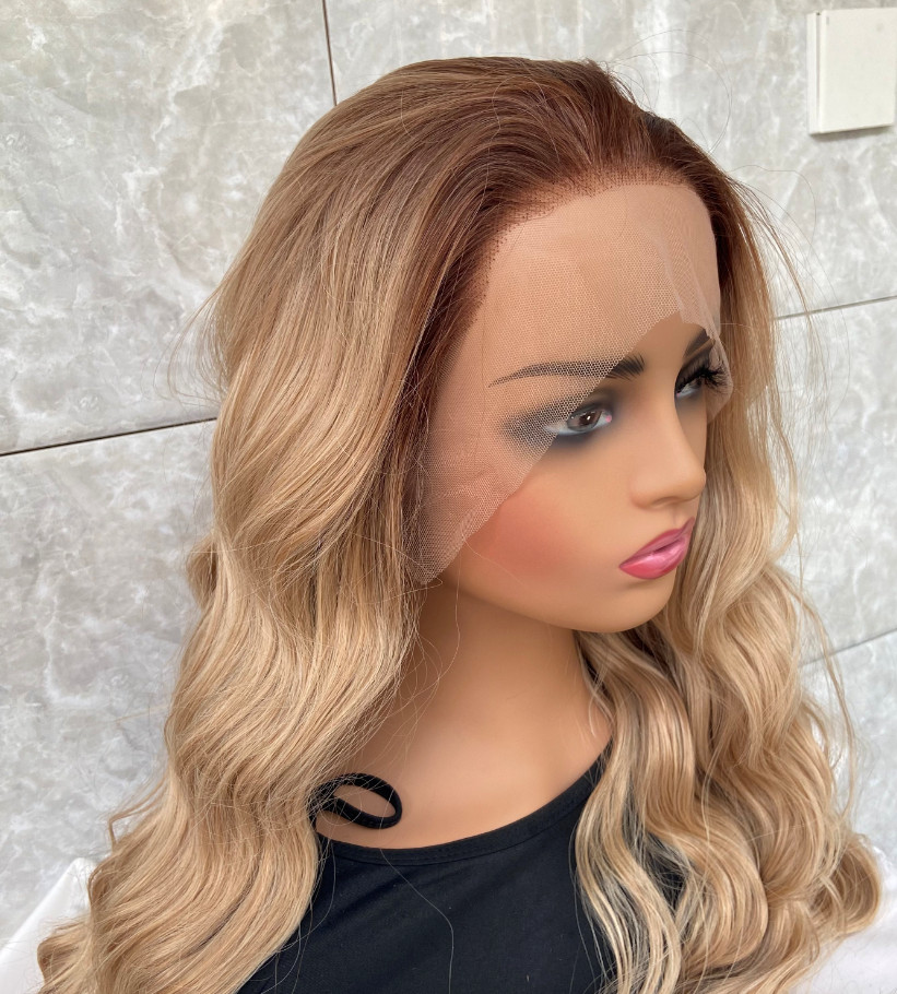 Long Wavy Rooted Blonde Mix Lace Front Synthetic Hair Wigs Women Soft Natural