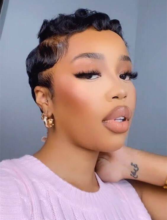 Short Brazilian Finger Wave Human Hair Wigs L Part Lace Front Wigs for Women