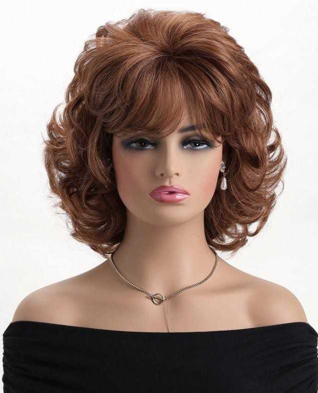 Women’s Short Curly Brown Synthetic Hair Wig Bangs Suitable For Everyday Wear