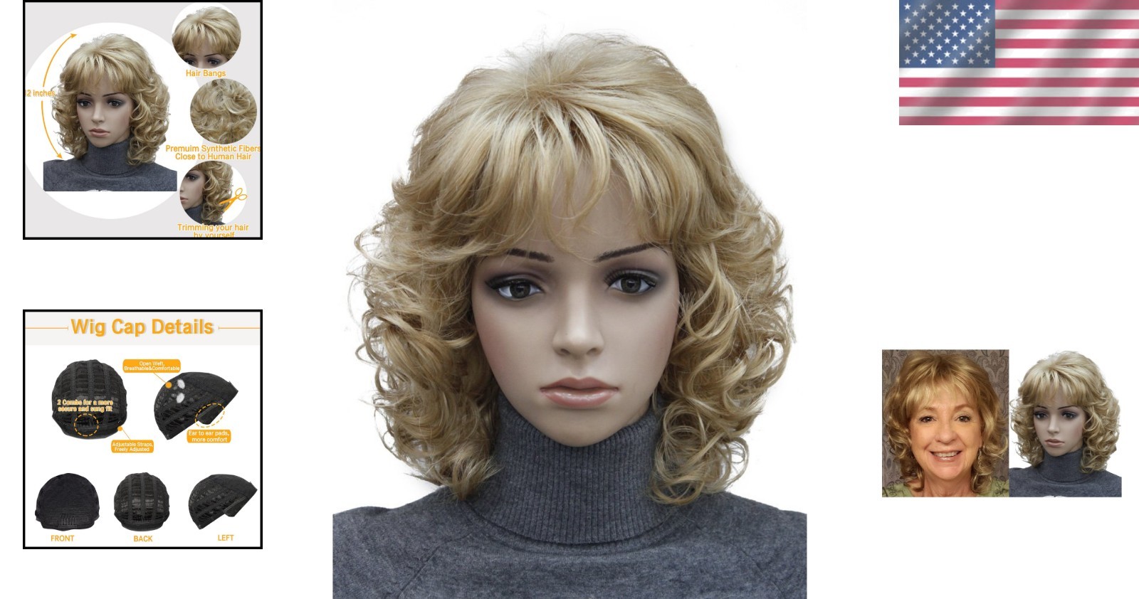 12 Inch Curly Wavy Blonde Wig with Bangs – Heat Resistant & Natural Look