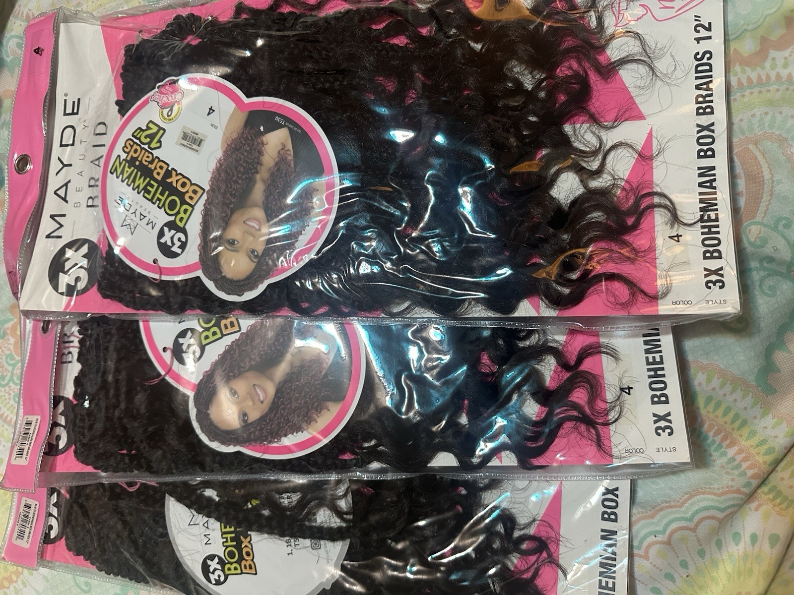 MAYDE 3X Bohemian Box Braids 12 in Synthetic Curly Black Hair Extension 3 pks