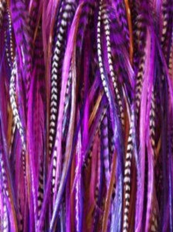6-11 inch Purple,Violet,Brown,Grizzly 100% Real Hair 5 Feather Extensions bonded