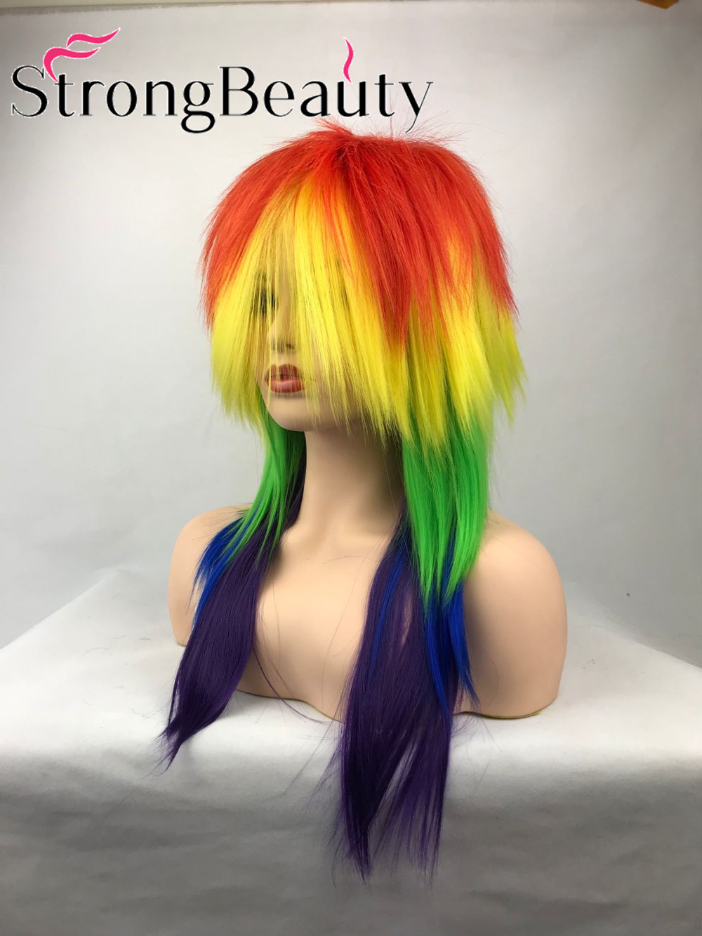Long Rainbow Cosplay Wig Ponytail Multi Color Synthetic Wigs