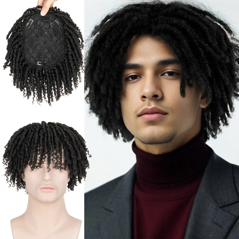 Men Synthetic Short Dreadlock Hair Topper Wig with Clip in Braided Half Wigs 5in