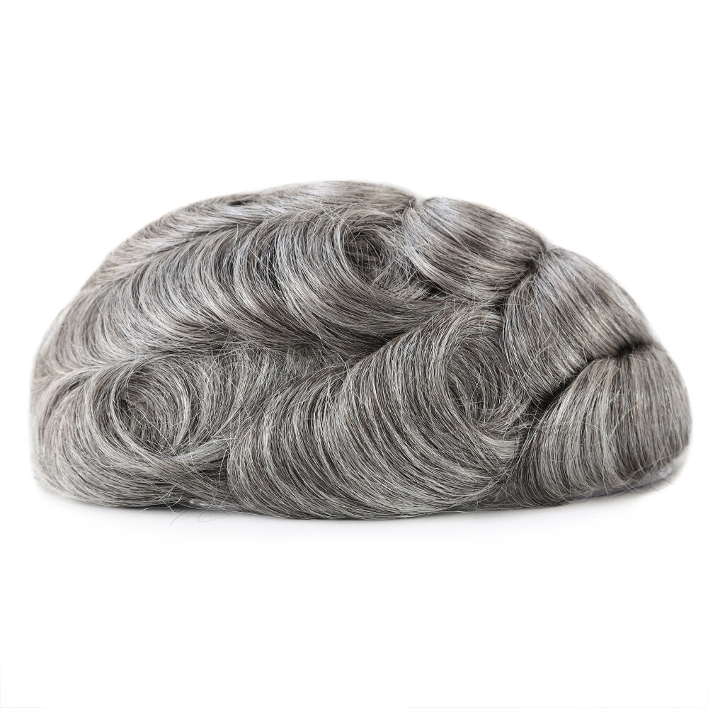 Toupee For Men Human Super Thin Skin V Looped Men Hairpiece Wig Black Grey #1B65