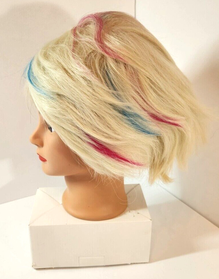 NEW Short Bob Wig 10″ Blonde w/ Blue & Pink Streaks Anime Fashion Fun Cosplay