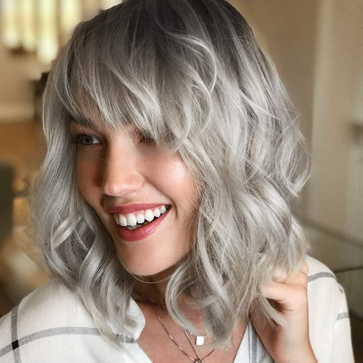 Medium Wavy Bob Wig with Bangs Natural Ombre Silver Wig Synthetic Hair Shoulder