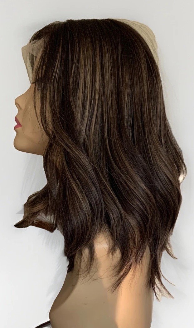 GORGEOUS LACE WIG HUMAN HAIR BROWN KOSHER M CAP SILK TOP 17” LONG HIGHLIGHTS