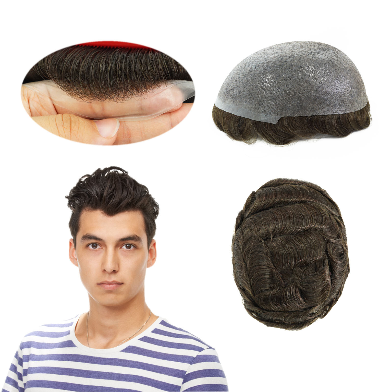 Mens Toupee Hair Replacement System Hairpiece BIO Thin Skin Human Hair Pieces #4