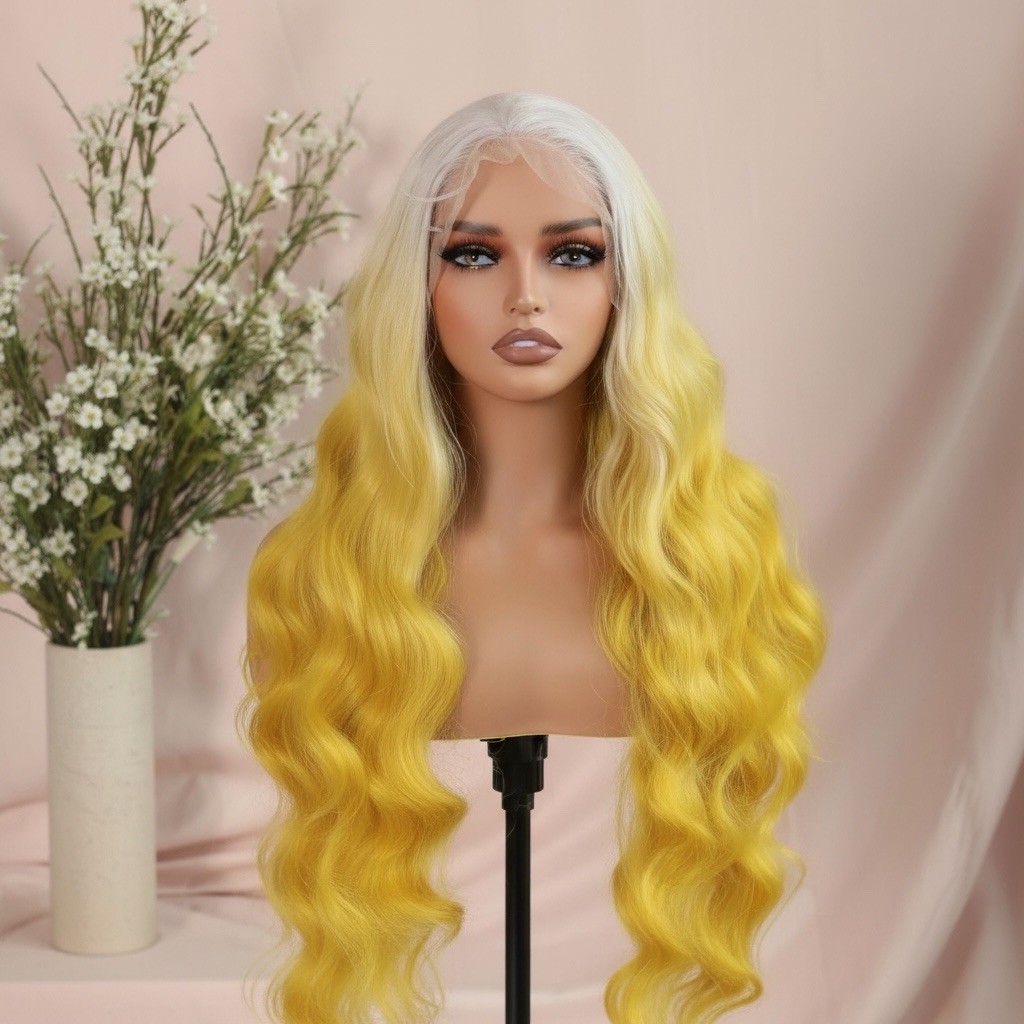 Women Curly Wig. Synthetic Frontal. 32 Inches Futura Sunset Yellow Glue-less
