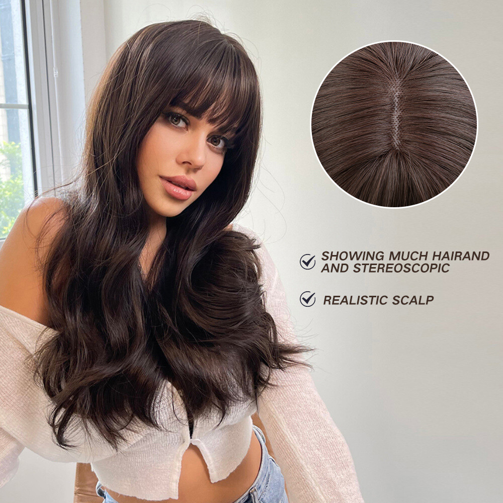 1 Set Long Wigs Lace Front with Bangs Wave Synthetic Hairs Tousy Curl Natural