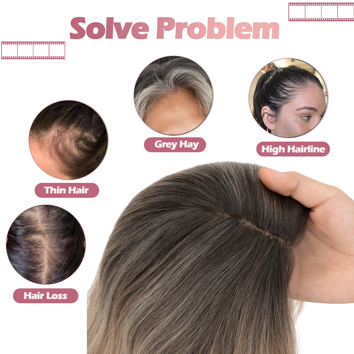 Free Part Women Topper Real AS Human Hair Toupee Clip in Water Wave Hairpiece US